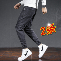 Summer stretch jeans mens fashion all-match drawstring pants casual pants Korean version loose slim trousers mens pants