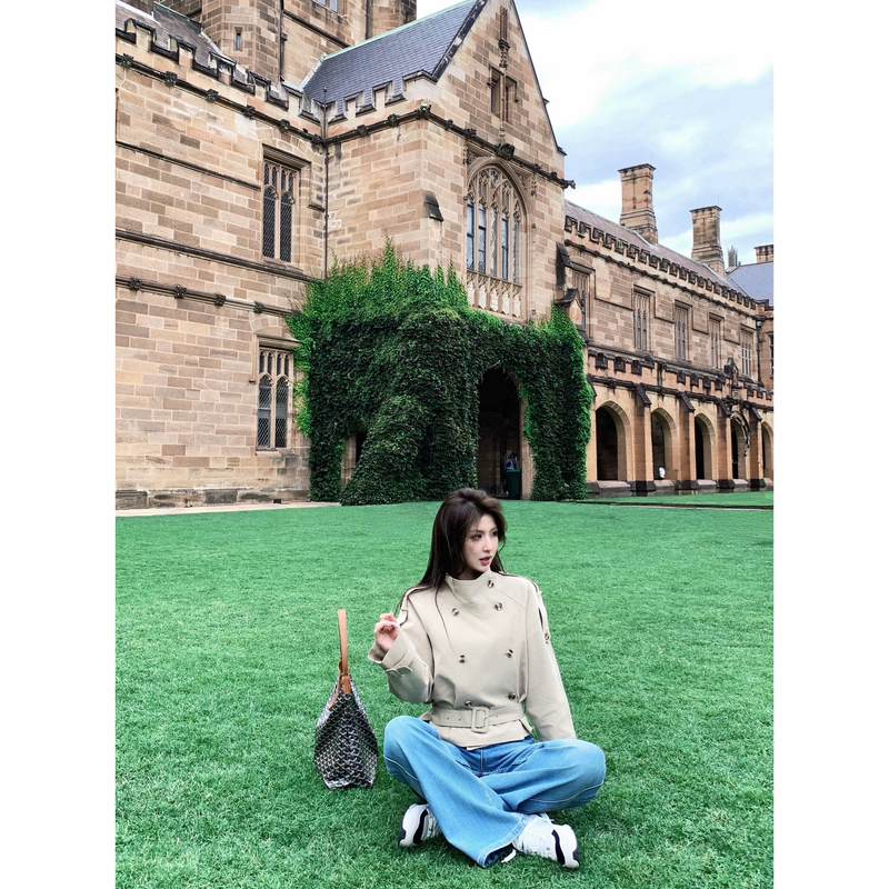 Little Elephant [Sydney Holiday] Stand Collar Double-Breasted Waist-Cinching Short Elegant Jacket Trench Coat for Women 26 Early Spring