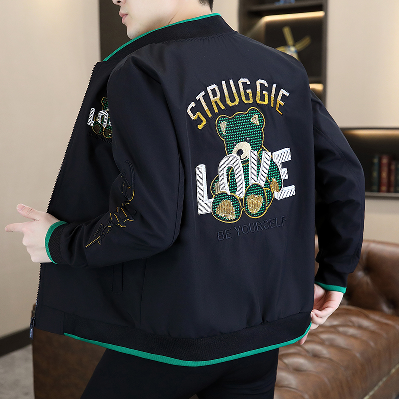 Bear Embroidery Baseball Jacket Men's Trendy Brand Spring and Autumn New Loose Casual Youth Bomber Jacket