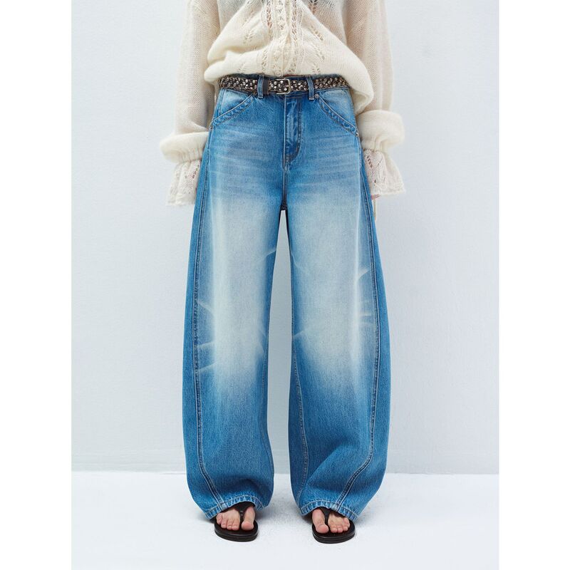 Hello September Loose Fit Banana Pants with Seam Details, Stone-Washed Faded Denim Jeans for Women V60097