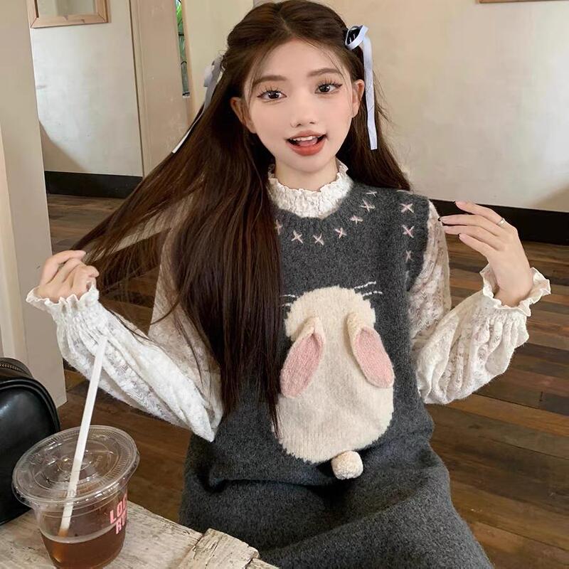 Design-Conscious, Niche, Sweet Layered Vest Knit Dress with Long-Sleeved Lace Base Shirt for Women, Early Autumn New Set Design-Conscious, Niche, Sweet Layered Vest Knit Dress with Long-Sleeved Lace Base Shirt for Women, Early Autumn New Set