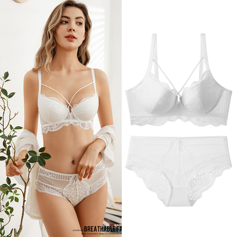 Fan-style white female sexy lingerie big breasted with pink anti-drooping up on the thin lace small cute suit