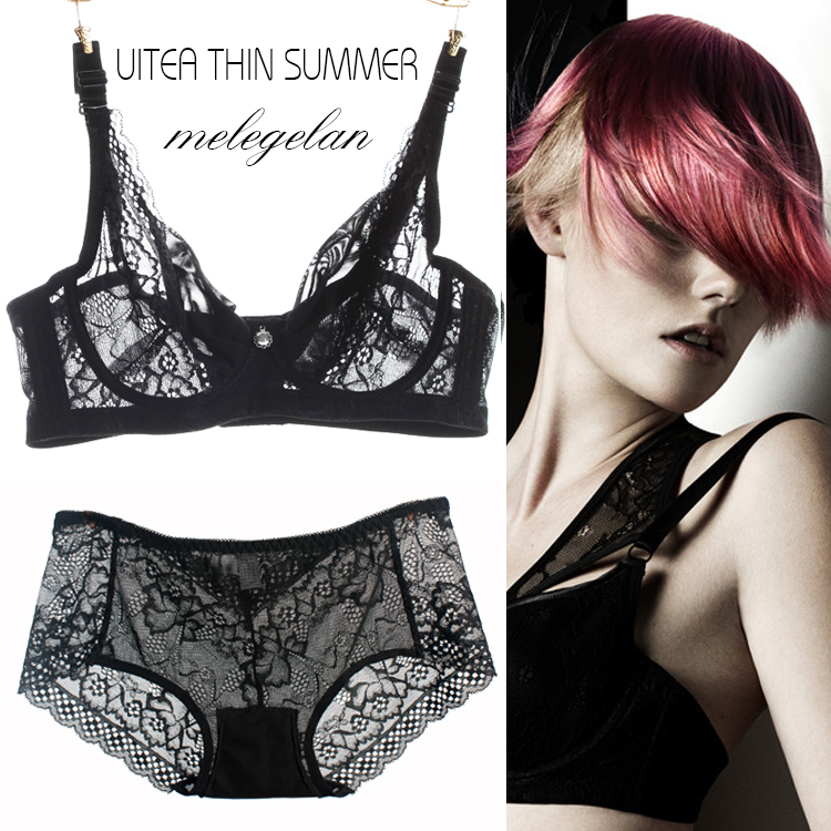 Fat mm tulle gathered sexy bra underwear This life year wedding red lace ultra-thin underwear set