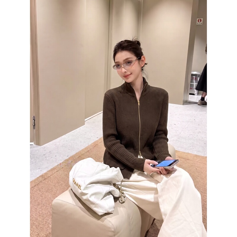 Femalepilot Retro Olive Brown Double-Ended Zipper Knitted Cardigan for Women 2026 New Loose Sweater Jacket