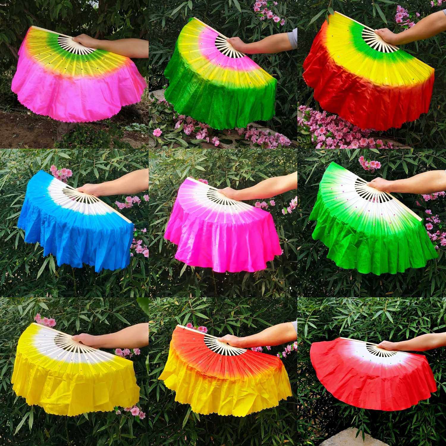 Adult Three-color Dance Fan Square Dancing Fan-Gradual Layer Twisting-Transplanting Song Fan Bifacial Lengthened Performance Fan