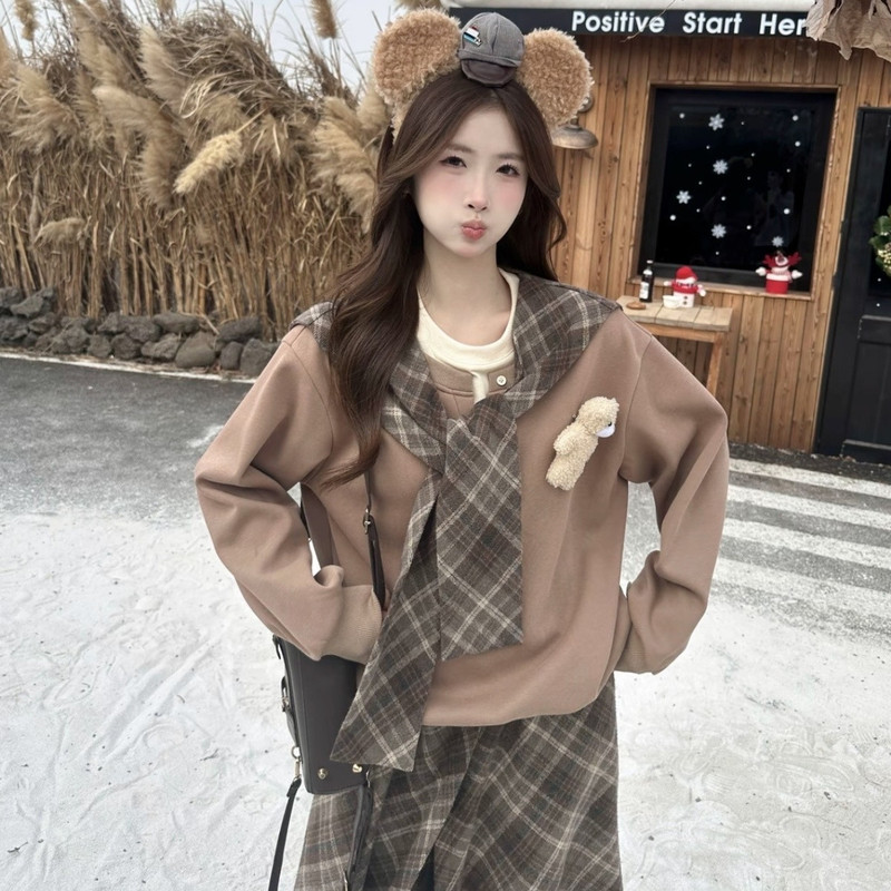 2026 Autumn and Winter New College Style Plaid Two-Piece Set Casual Long-Sleeved Sweatshirt Sweet Plaid Pants and Skirt Set 2026 Autumn and Winter New College Style Plaid Two-Piece Set Casual Long-Sleeved Sweatshirt Sweet Plaid Pants and Skirt Set