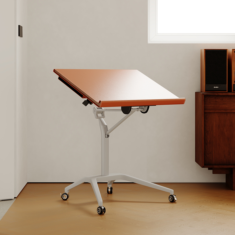 Medieval-Style Movable Adjustable Desk with Metal Frame and Wheels, Home Study Standing Desk with Saddle Leather Top
