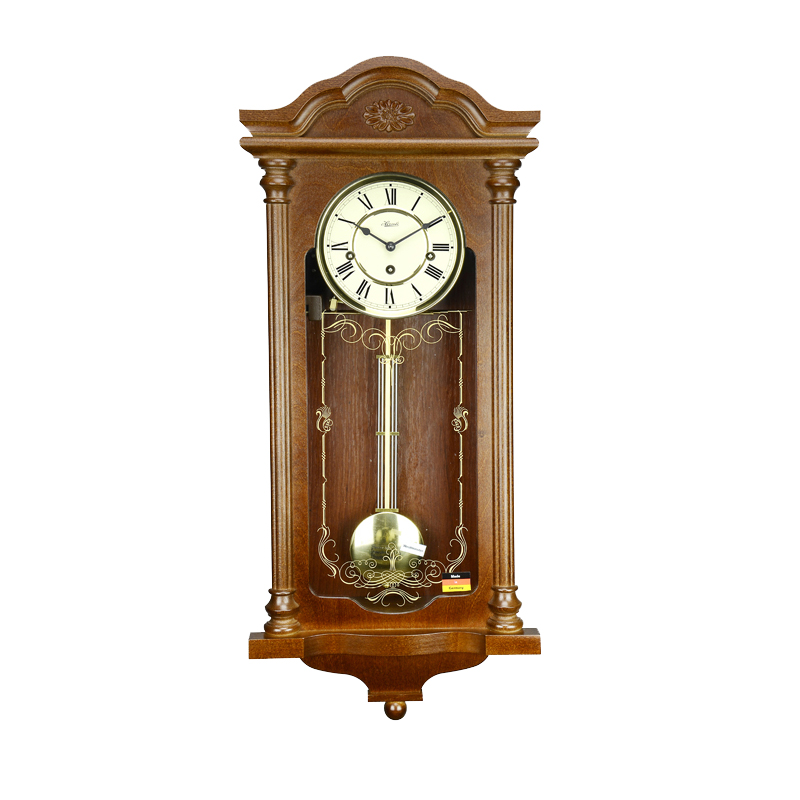 German Hemler Chinese wall clock walnut wood carving retro elegant golden clock swing force storage mechanical wall clock