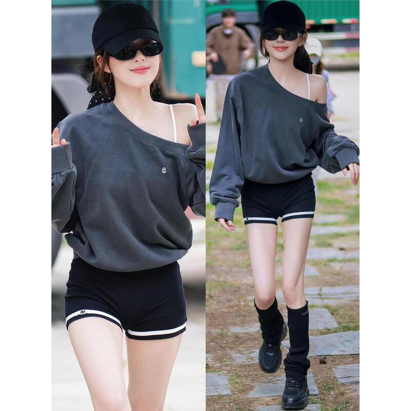 Zhao Lusi Style American Retro Off-Shoulder Sweatshirt Women's Fashion Off-Shoulder Top Color-Blocked Suspender Jumpsuit Set