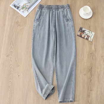 ແອວສູງບາງ tencel denim harem ເກົ້າ pants ສໍາລັບແມ່ຍິງ