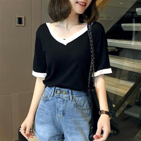 New 2020 mùa hè băng ngắn tay đan áo len lookth cơ thể mỏng la hét v-cổ t-shirt người phụ nữ hàng đầu.