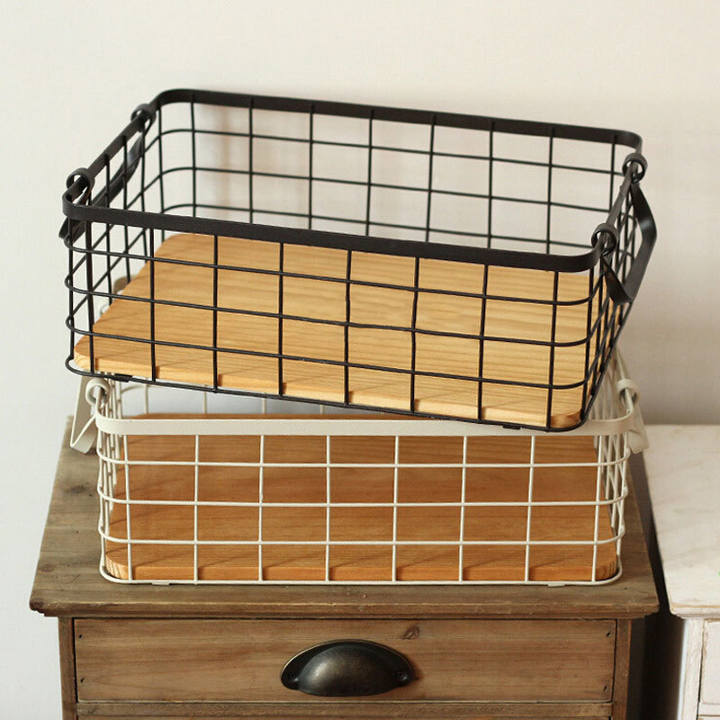 Qiyou Vintage Wrought Iron Storage Basket, Export Japanese Style Iron Wire Old Wood Base Double-Handle Laundry Basket, Zakka Storage Basket