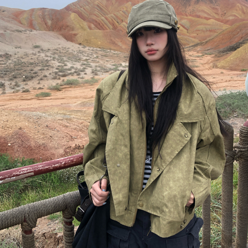 Noaytok Motorcycle Style Street Rivet Loose Jacket with a Unique Design, Boyfriend Style Top