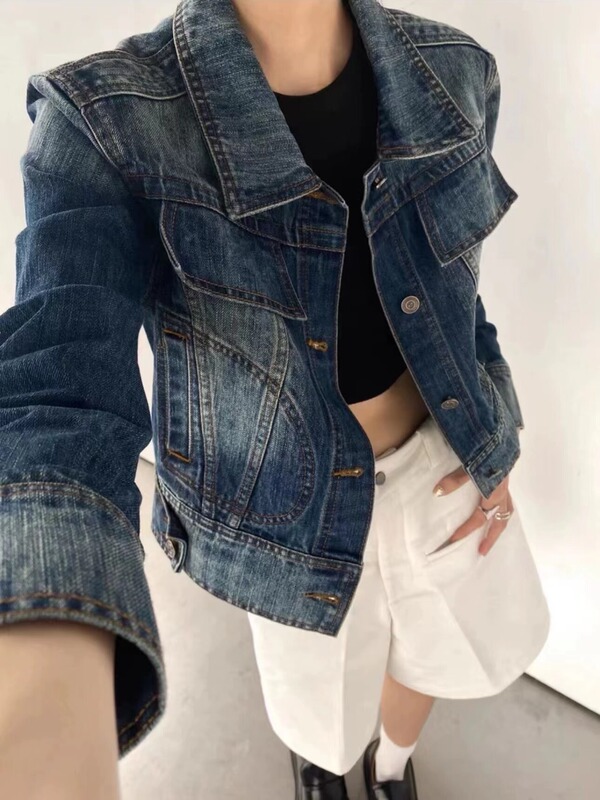 Noaytok American Retro Distressed Patchwork Washed Slim Fit Hot Girl Denim Jacket for Women