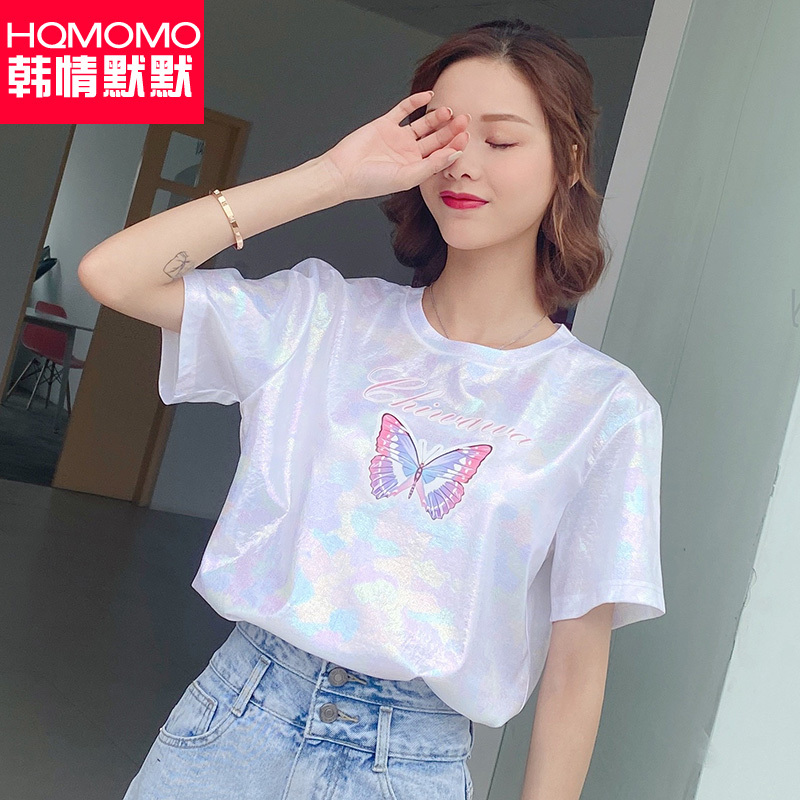 Laser Reflective Short-Sleeved T-Shirt for Women 2025 Summer New Loose Fit Internet Celebrity ins Super Popular Hong Kong Style Chic Fashion Top Laser Reflective Short-Sleeved T-Shirt for Women 2025 Summer New Loose Fit Internet Celebrity ins Super Popular Hong Kong Style Chic Fashion Top