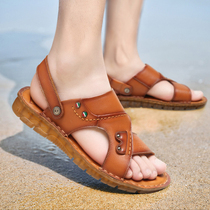 Mens sandals genuine leather mens casual soft-soled slippers dual-use 2021 summer new beef tendon non-slip beach shoes cowhide