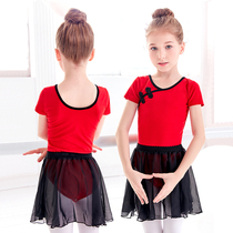 Childrens middle country wind dancing clothes girls practice utilitsuits Summer short sleeves Even body clothes girls disc buckle red dancing clothes