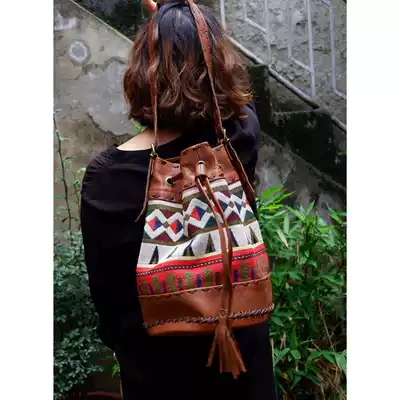 Odor groceries handmade leather handsome motorcycle bag retro hippie stitching kilim shoulder bag for men and women