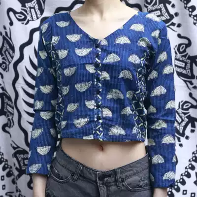 Odor groceries blue dye indigo short top thin cotton cloth sunscreen Dew belly button long sleeve handsome shirt cardigan