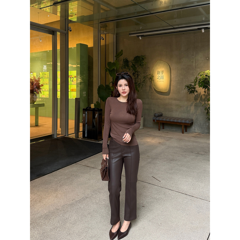 Junjun【Obsidian Leather Pants】High-Waisted, Slimming, Early Autumn Style, Elegant Protein Leather Straight-Leg Casual Pants Junjun【Obsidian Leather Pants】High-Waisted, Slimming, Early Autumn Style, Elegant Protein Leather Straight-Leg Casual Pants