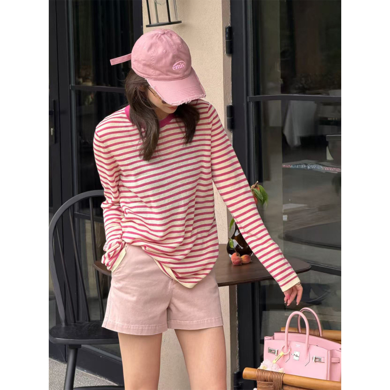 Junjun【Coral Stripe】Elegant Lyocell Linen Striped Long Sleeve T-Shirt Slimming Sun Protection Cover-Up Junjun【Coral Stripe】Elegant Lyocell Linen Striped Long Sleeve T-Shirt Slimming Sun Protection Cover-Up