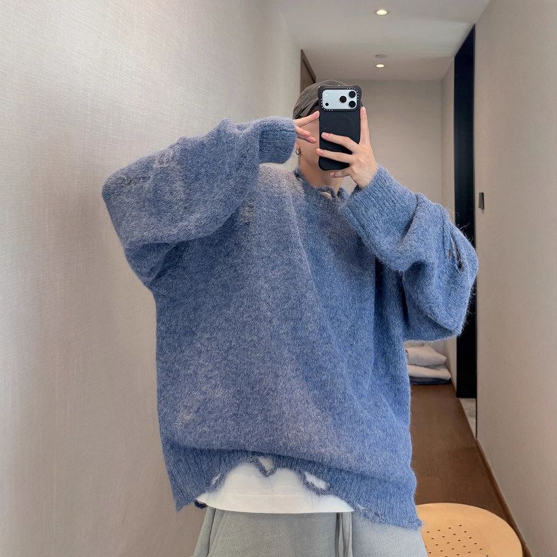 Light Blue Round-Neck Vintage Knit Sweater with Frayed Edges, Unisex Autumn/Winter Fashion Couple's Sweater