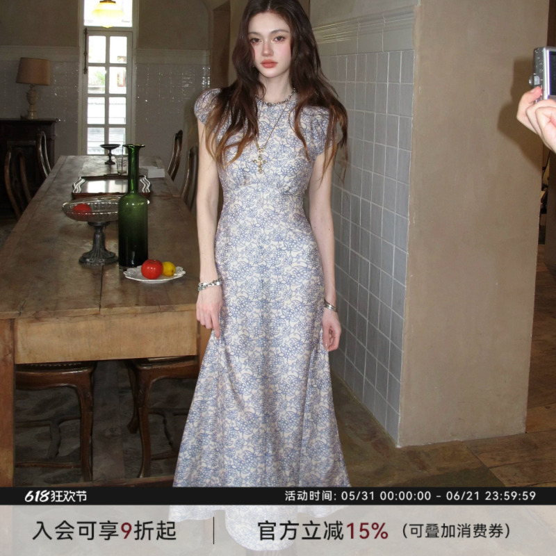 Luluswings Original Misty Blue Floral Vintage Floral Print Tencel Linen Puff Sleeve Waist-Cinching Long Dress for Women