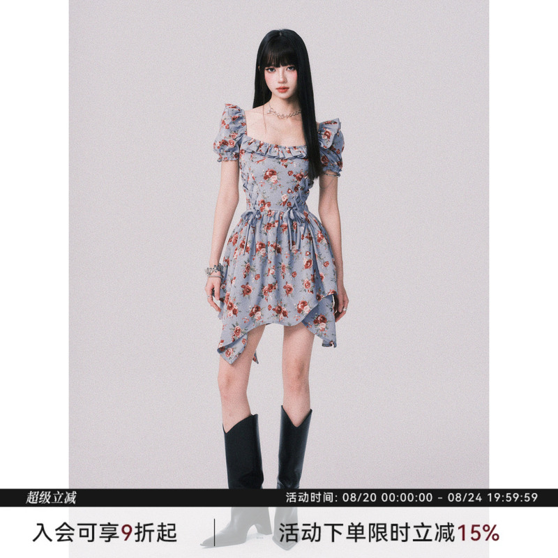 Luluswings Irregular Deconstructed Square Neck Puff Sleeve Blue Printed Dress Women's Lace-Up Waist A-Line Skirt Luluswings Irregular Deconstructed Square Neck Puff Sleeve Blue Printed Dress Women's Lace-Up Waist A-Line Skirt