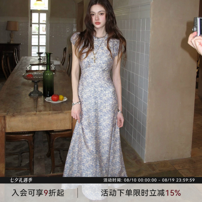 Luluswings Original Misty Blue Floral Vintage Floral Print Tencel Linen Puff Sleeve Waist-Cinching Long Dress for Women Luluswings Original Misty Blue Floral Vintage Floral Print Tencel Linen Puff Sleeve Waist-Cinching Long Dress for Women