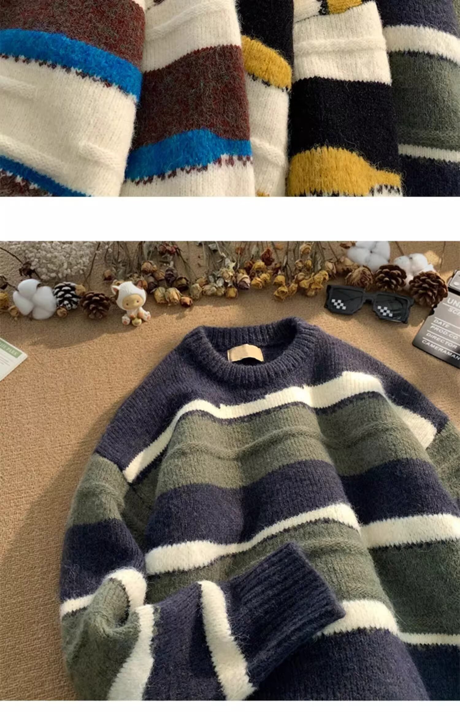 Minimalistischer Streifen-Pullover, vielseitig einsetzbar, Harajuku, lässige Strickmode, trendiger Hirschplüsch 610A-2-M23-P58_voghion.com