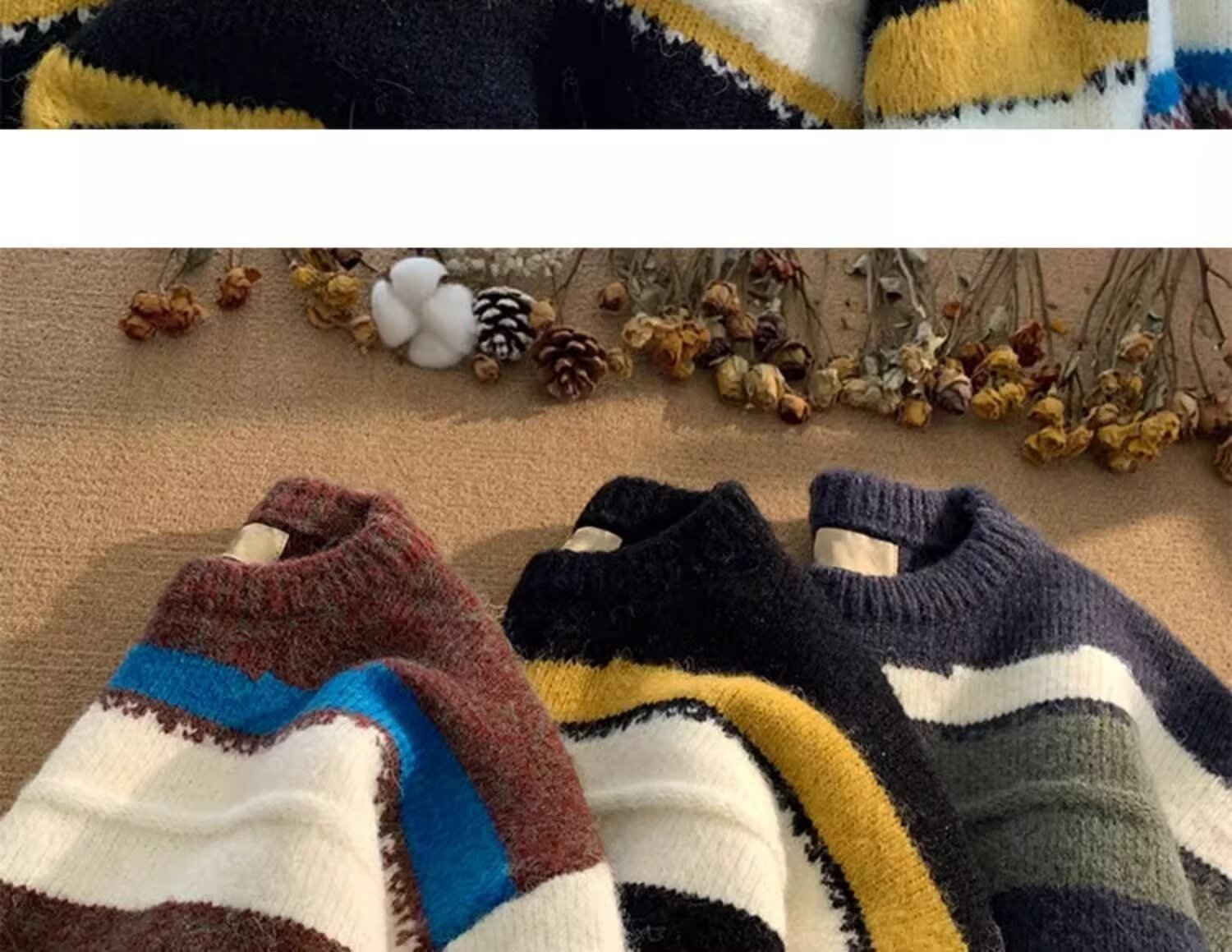 Minimalistischer Streifen-Pullover, vielseitig einsetzbar, Harajuku, lässige Strickmode, trendiger Hirschplüsch 610A-2-M23-P58_voghion.com