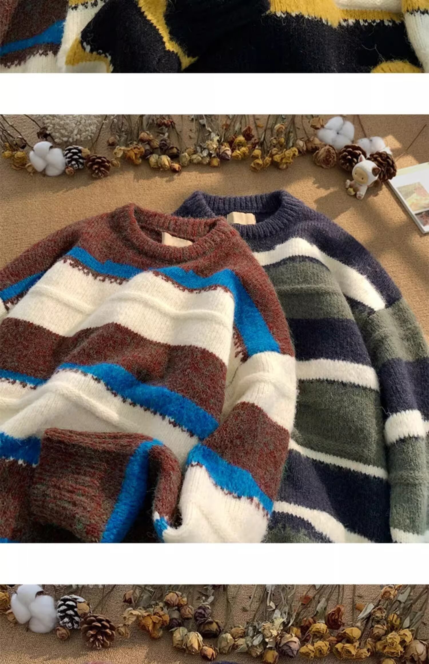 Minimalistischer Streifen-Pullover, vielseitig einsetzbar, Harajuku, lässige Strickmode, trendiger Hirschplüsch 610A-2-M23-P58_voghion.com
