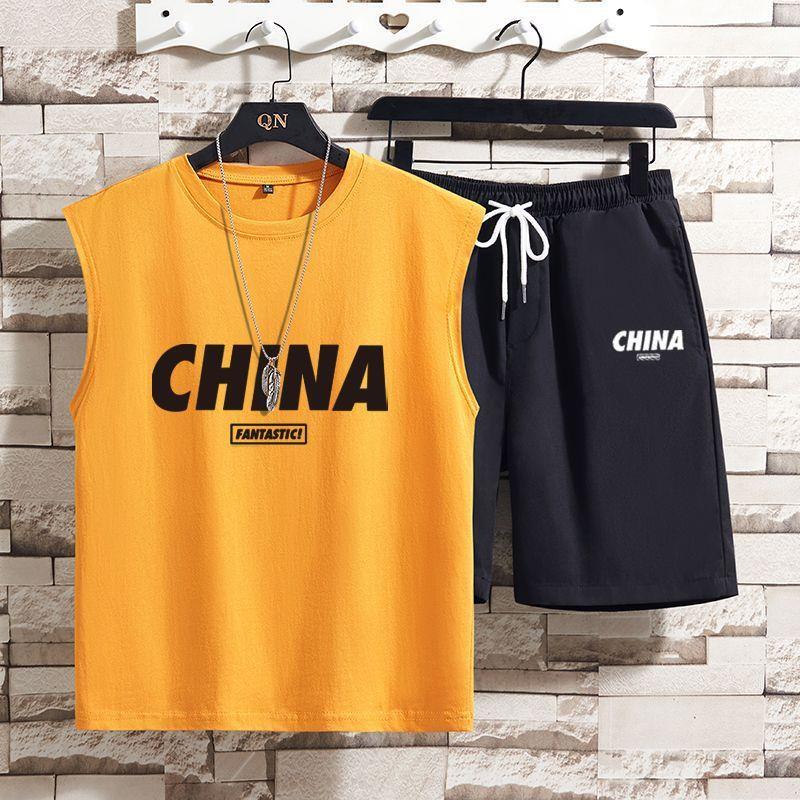 Tops/Suits Chinese Sleeveless Vest Set Men's T-Shirt Summer Large Size Five-Point Shorts Casual Sports Two-Piece Set 12