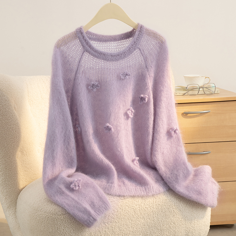 Spring Thin Hollow-Out Knit Cardigan Cashmere Sweater for Women, Round Neck Crochet Sweater with Three-Dimensional Flower Decoration, Elegant Top