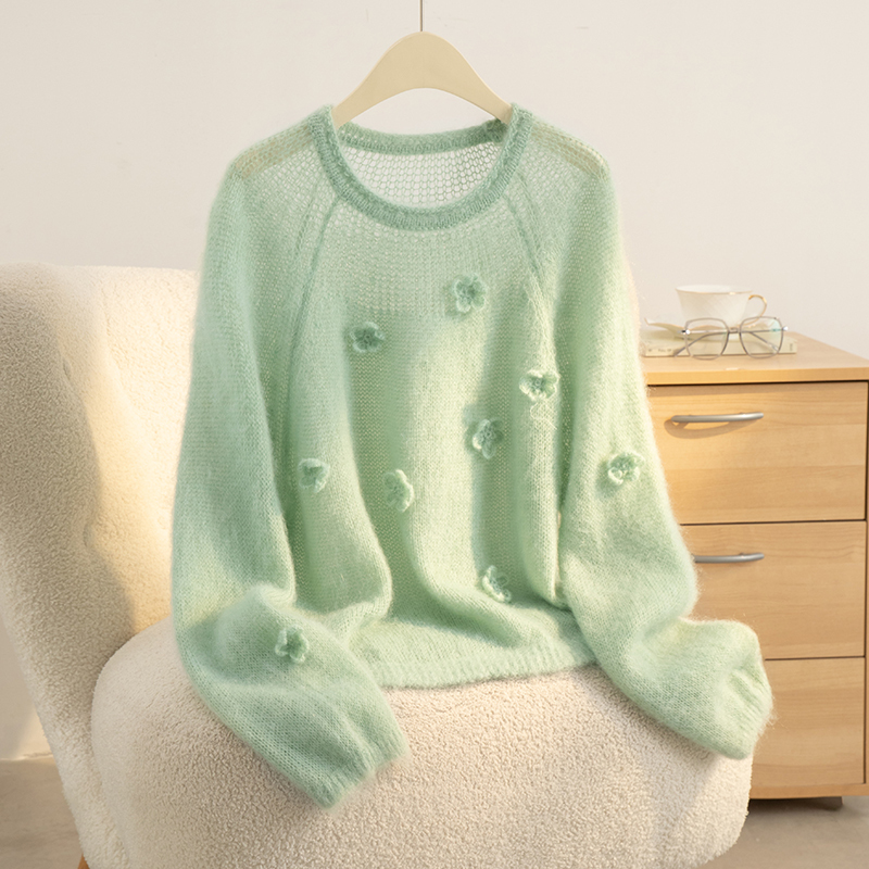 Early Spring New Style Cashmere Sweater with French-Style Three-Dimensional Flower Decoration, Sweet Hollow-Out Round-Neck Knitted Cardigan for Women
