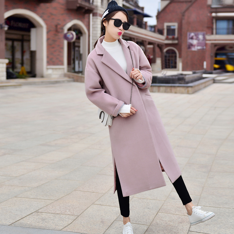 Áo khoác len nữ dài phần mùa đông Phiên bản Hàn Quốc lỏng lẻo phù hợp với cổ áo bên hông khe áo len đen áo khoác da nữ