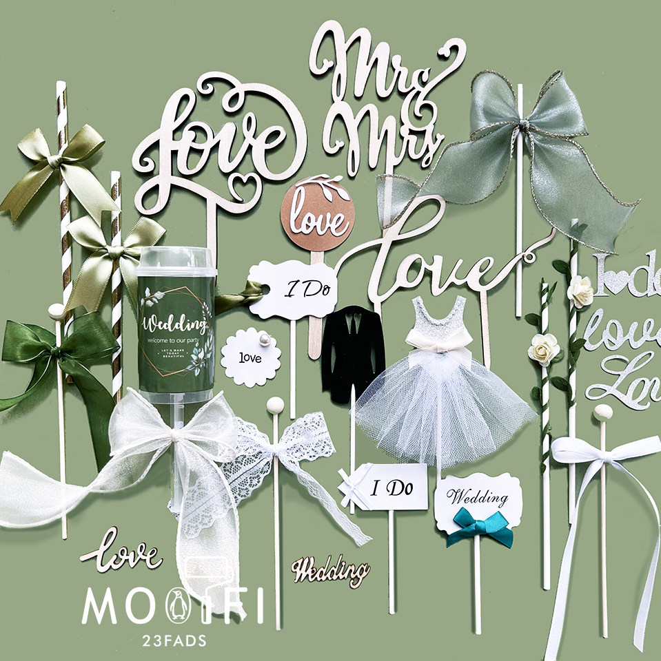 Small fresh forest white and green wedding birthday dessert table decoration party baking cupcake love plug-in sticker