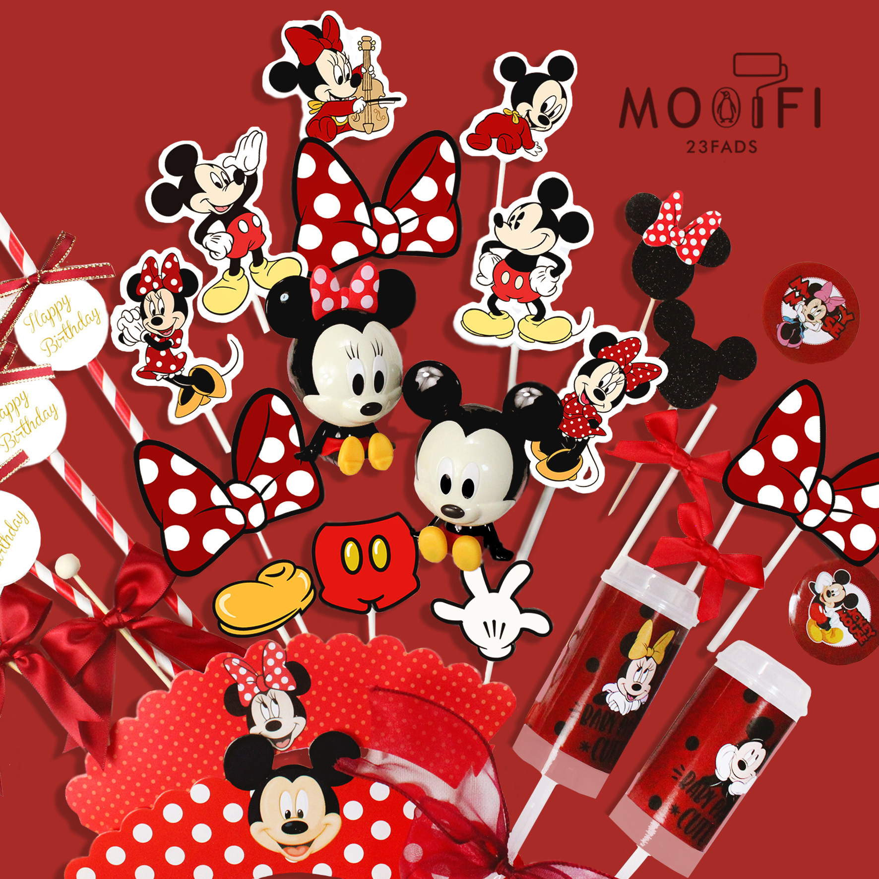 Red Black Themed Mickey Minie Plugin Birthday 100 Days Baby Banquet Dessert Party Rice Rat Cake Decoration
