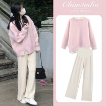 Maternity wear autumn 2023 new suit long-sleeved fake two-piece sweater fashion two-piece set autumn and winter fashionable