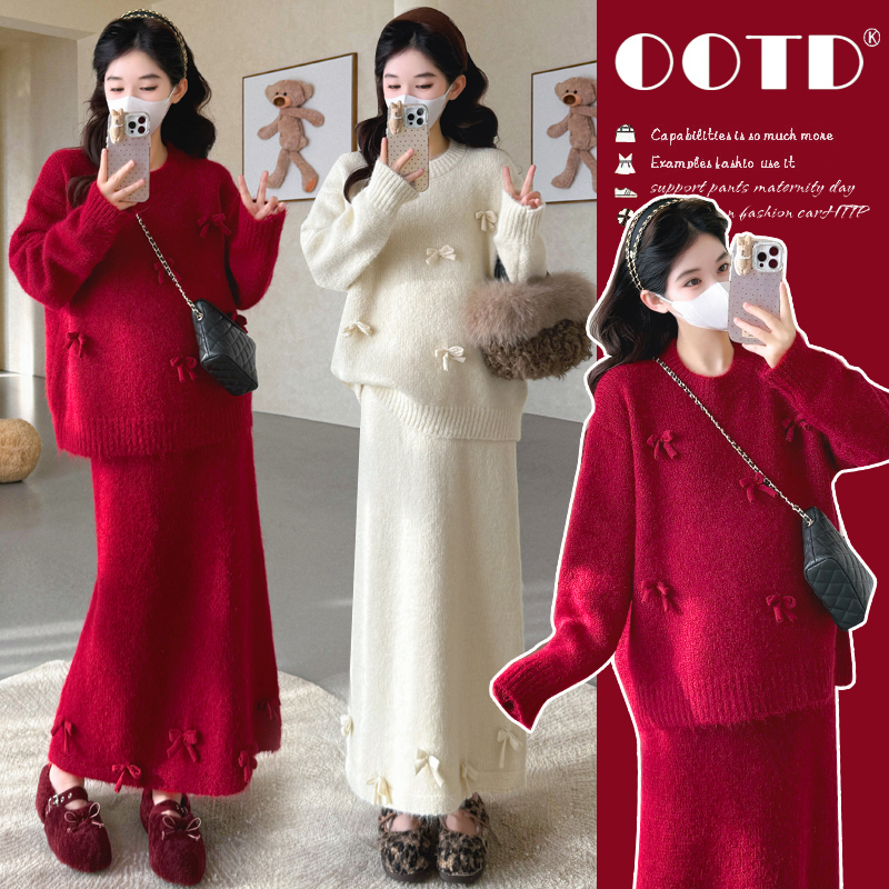 Maternity Wear Autumn and Winter New Style Sweet and Fashionable Bow Knitted Sweater Top + Skirt Red Suit