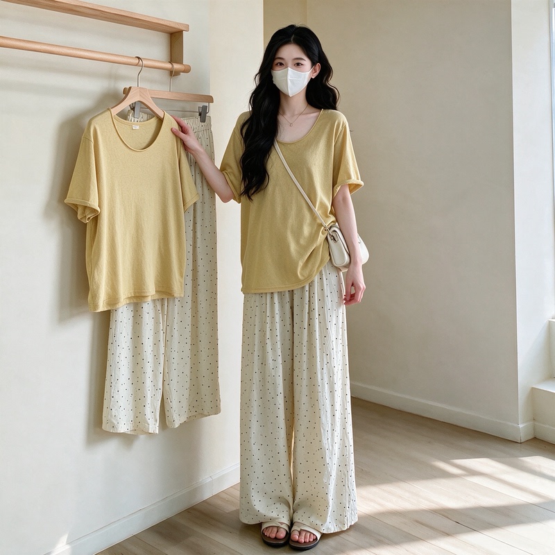 Maternity Wear 2026 Summer New Style Simple and Fashionable Lazy Style Short-Sleeved T-Shirt + Polka-Dot Wide-Leg Pants Casual Suit Maternity Wear 2026 Summer New Style Simple and Fashionable Lazy Style Short-Sleeved T-Shirt + Polka-Dot Wide-Leg Pants Casual Suit