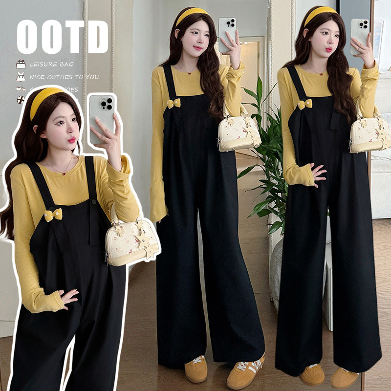 Maternity Wear 2026 Spring New Korean Style Fashionable Age-Reducing Casual Loose T-Shirt Top + Suspender Wide-Leg Pants Set