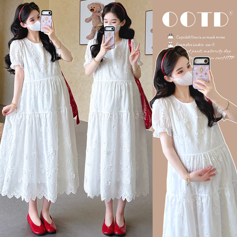 Maternity Wear 2026 Summer New Trendy Fashion Youthful Heavy-Duty 3D Embroidery Floral Slimming Stylish Dress