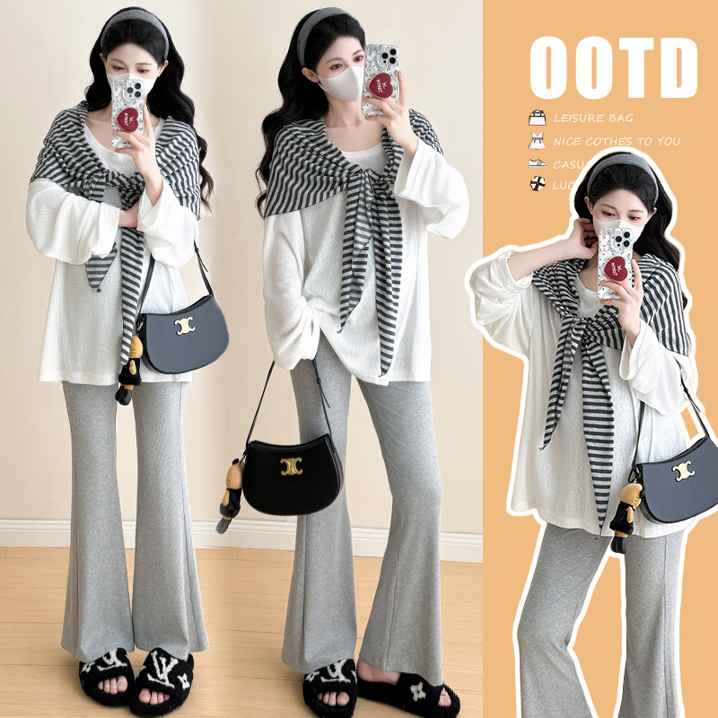 Maternity Wear Spring and Summer New Korean Style Fashionable Loose Lazy Style Striped Shawl Slightly See-Through Top + Flared Pants Set