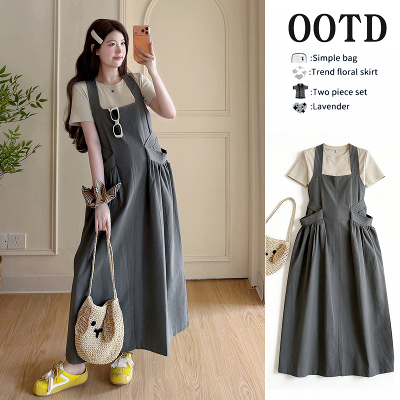 Maternity Summer Wear New Style Age-Reducing Fashionable Short-Sleeved T-Shirt Top + Large Pocket Design Suspender Skirt Casual Suit