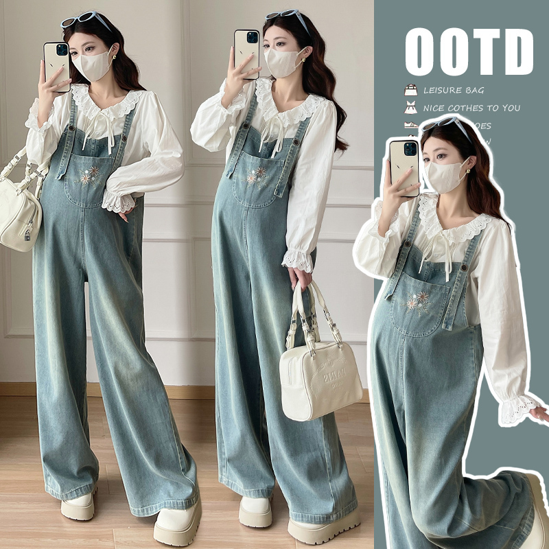 Maternity Suit Spring New Korean Style Fashionable Sweet Shirt Top + Denim Suspender Wide-Leg Pants Two-Piece Set