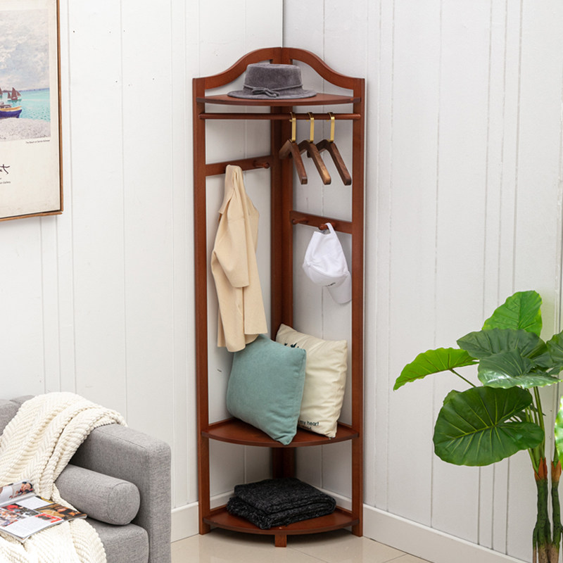 Solid wooden cap frame floor rack simple bedroom double layer folding hanger room corner wooden clothes rack