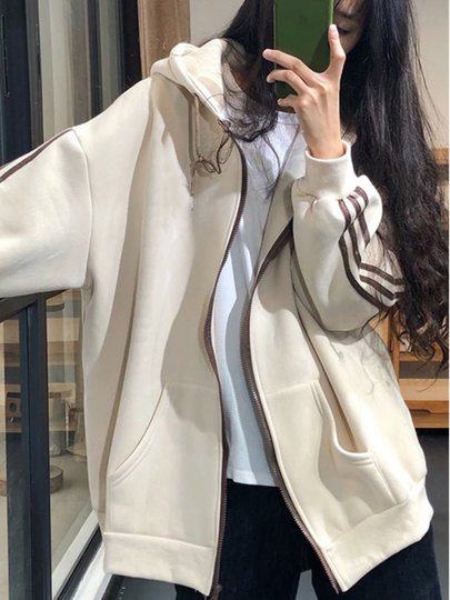 杏色2025秋冬新款爆款宽松中长卫衣外套女连帽加绒加厚遮屁股开衫