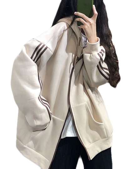 杏色2025秋冬新款爆款宽松中长卫衣外套女连帽加绒加厚遮屁股开衫