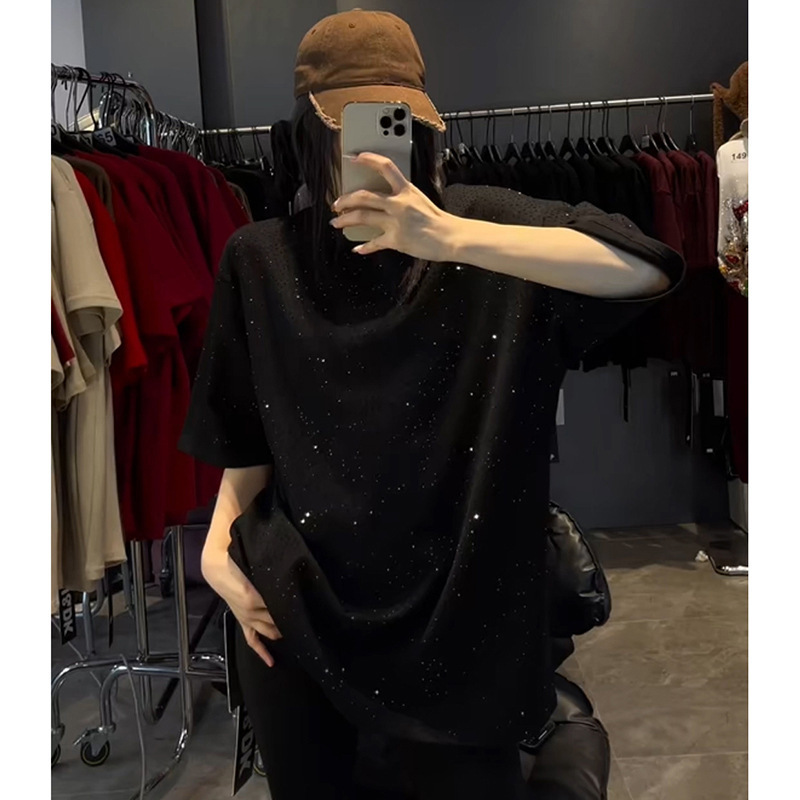 Heavy-Duty Star-Studded Rhinestone Short-Sleeve T-Shirt for Women, New Summer Style, Loose Mid-Length European Style, Large Size, Covers the Hips Heavy-Duty Star-Studded Rhinestone Short-Sleeve T-Shirt for Women, New Summer Style, Loose Mid-Length European Style, Large Size, Covers the Hips